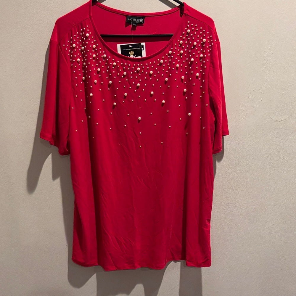 Anthony Richards Red Short Sleeve Top with Embellishments